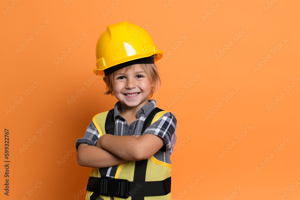 Studio portrait of a child construction worker wearing hard hat. Generative ai Studio portrait of a child construction worker wearing hard hat. Generative ai