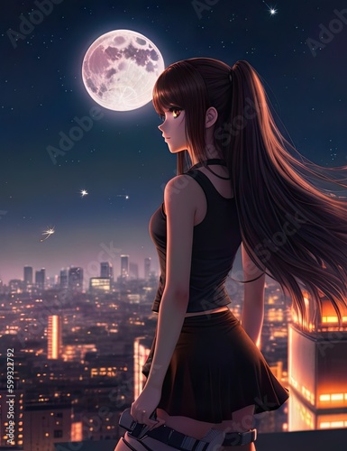 Portrait of a gorgeous cute anime girl on full moon | Cute Anime style | Modern Anime | Generated by AI Generative