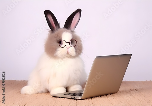 Cute bunny with eyeglasses and laptop. Concept of hardworking pet.