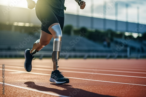 A man on prosthetic legs running on stadium. A man on prosthetic legs doing sport. Inclusiveness of society for disabled children and war veterans. Generative AI