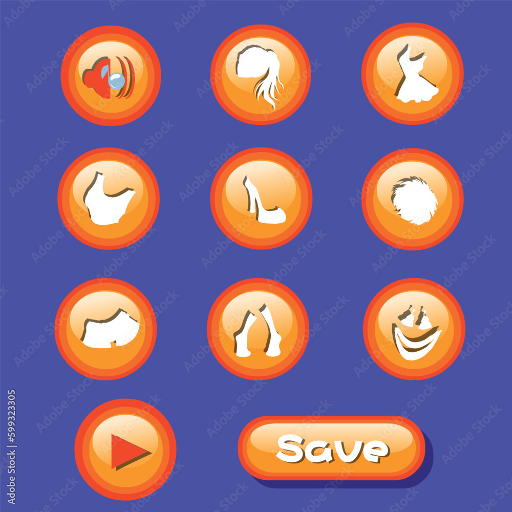 Game ui kit, cartoon gaming interface buttons, icons, menu. set of circle buttons for game. Game ui kit, cartoon gaming interface buttons, icons, menu. set of circle buttons for game.