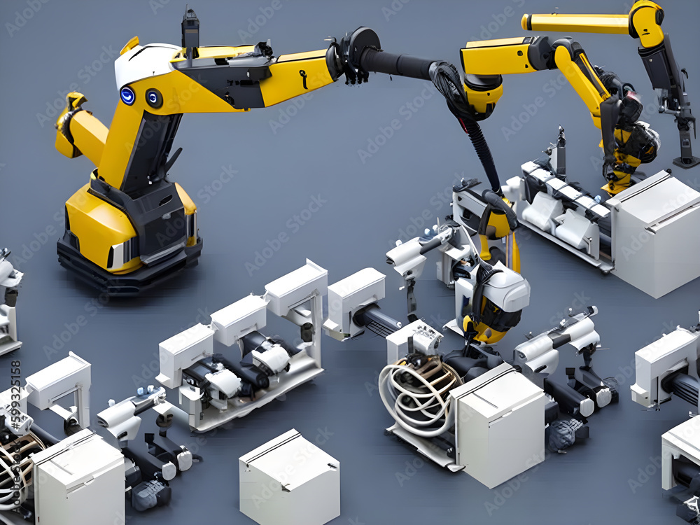 Modern High Tech Industrial Robotic arm on the factory production line production line is being welded. Generative AI. Modern High Tech Industrial Robotic arm on the factory production line production line is being welded. Generative AI.