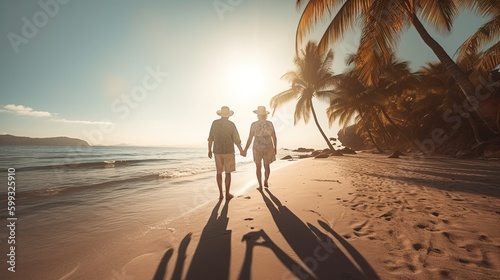 Happy cute elderly couple walking along the beach. Silhouette of an elderly couple walking along the shore, holding hands while on vacation or holiday, sunset and palm background. Generative Ai.