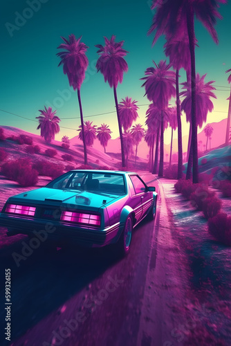 vaporwave car riding on road hill among palm trees, poster design © Kodjovi