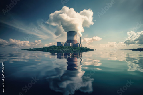 ilustración de central nuclear ficticia en una isla, con chimenea por la que sale gran cantidad de humo contaminante, reflejándose en el mar