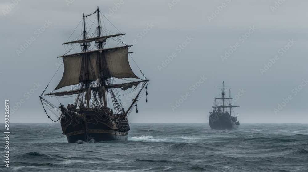 Pirate ship in stormy sea. Tall ship in stormy sea. Battle