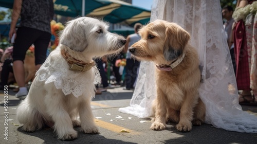 Golden Retriever and bride at the wedding day. Selective focus.