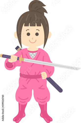 刀を持った、くノ一（女忍者）のイラスト