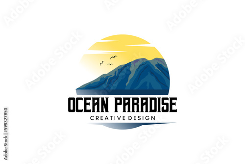 Nature paradise mountains and oceans logo design vector illustration