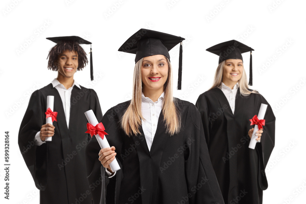 African american male student and caucasian female students holding graduate diplomas African american male student and caucasian female students holding graduate diplomas