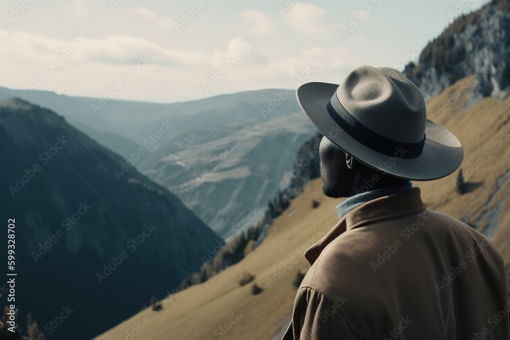 Black handsome man in hat enjoying view of nature, guy traveler or tourist in mountains. Back view, close-up, copy space. Generative AI
