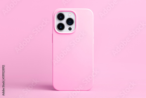 pink phone case mockup. iPhone 14 pro max and 13 mock up back view isolated on monochrome color background
