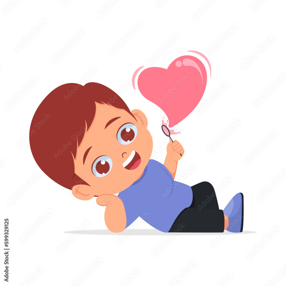 Cute boy relaxing while blowing soap bubbles love character Cute boy relaxing while blowing soap bubbles love character