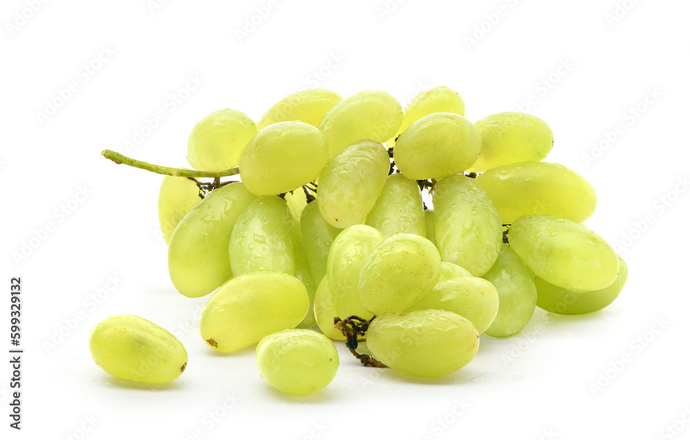 Green grape with water droplets isolated on white background. Green grape with water droplets isolated on white background.