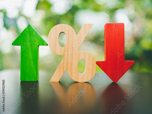 Percentage model, up and down arrow concepts for methods or systems of raising or lowering Fed interest rates to correct inflation concepts.