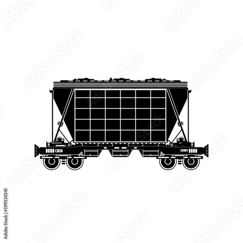 Silhouette hopper car for mass transit fertilizer, cement, grain and other bulk cargo on a white background, railway transport, vector illustration