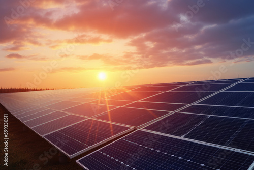 Solar Panels At Sunset Renewable Energy Concept. Generative AI