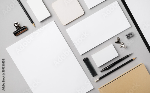 Corporate identity mockup. Blank stationery set. Responsive design template. Flat lay.