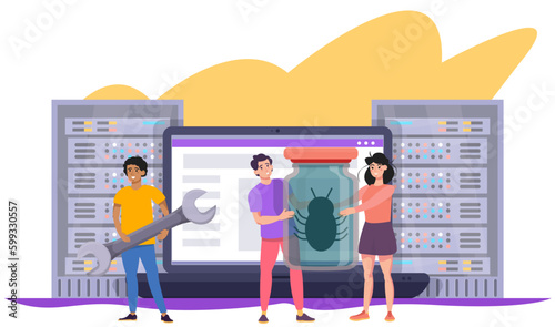 QA, quality assurance concept. Software testing illustration. Testers found a bug. Developer programmer with a screwdriver.  QA engineer looking for mistakes defects in code. Flat vector illustration.