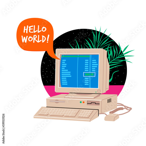 Old office computer from 80s and 90s with obsolete technology big monitor and classic beige color body. Retro ads for IT or programming course start from basics 101. Nostalgic vector illustration.