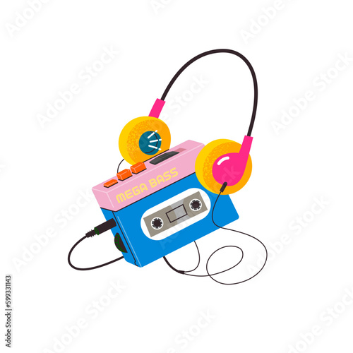 Radio cassette player. Retro vintage portable audio music device 1980s. Earphones or in-ear headphones attached. Isolated vector image in trendy vibrant colors. Nostalgic vibes.