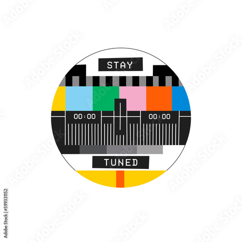 TV colour bars. Old television broadcast Test Card.A test television card with rainbow stripes and geometric signals. Technological retro equipment from the 80s. T-shirt design. Stay tuned