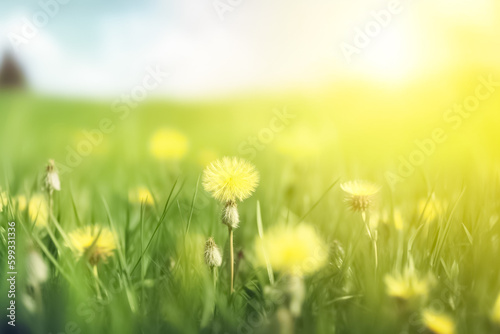 Fresh yellow blowball dandelion flowers  spring  summer. Healing herbs. generative ai 