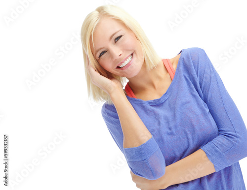 Lovely laugh. A beautiful young blond woman isolated on a white background.