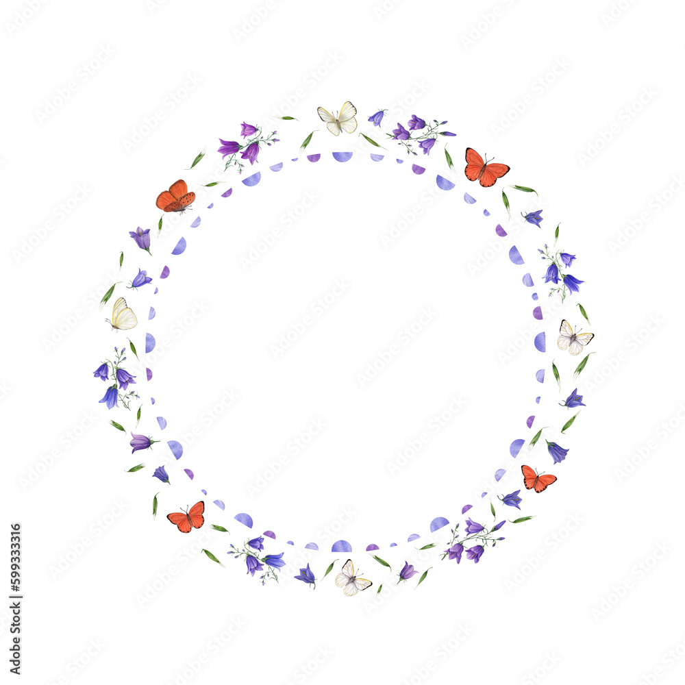 Watercolor wreath of bright butterflies fluttering among campanulas, oats isolated on transparent background. Perfect for postcard design, invitation template, birthday, wedding, mother day cards