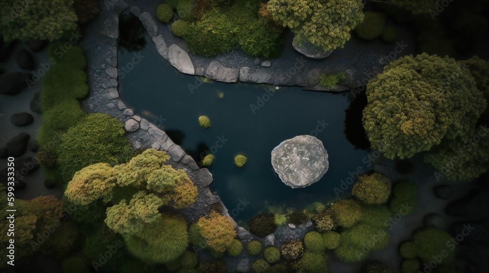 AI Generative. Fly Above Serenity: Captivating Zen Garden Photography of a Perfectly Sculpted Pond