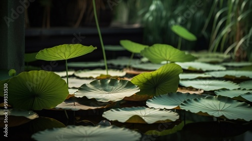 AI Generative. Serenity Unveiled: Captivating Zen Garden Photography of Tranquil Pond with Floating Lotus Leaves