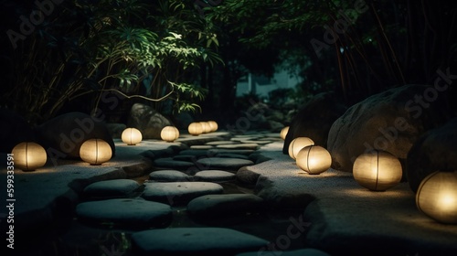 AI Generative. Journey to Serenity: Capturing The Mystical Beauty of An Illuminated Zen Garden at Night