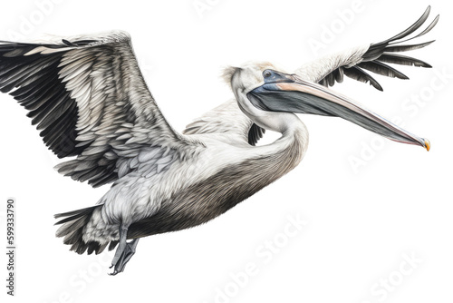 an isolated Pelican in flight, Coastal shores, Ocean air, Wildlife-themed, photorealistic illustration on a transparent background cutout in PNG. generative Ai © Purple Penguin GFX