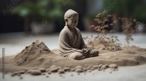 AI Generative. Meditating with Nature  Capturing the Tranquility of a Zen Garden with Stone Sculpture