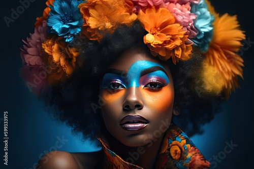 A young african woman with colorful makeup sits in a dark room  inspired by pop art and flower power with dark orange and light azure tones. Perfect for contemporary design. Generative AI