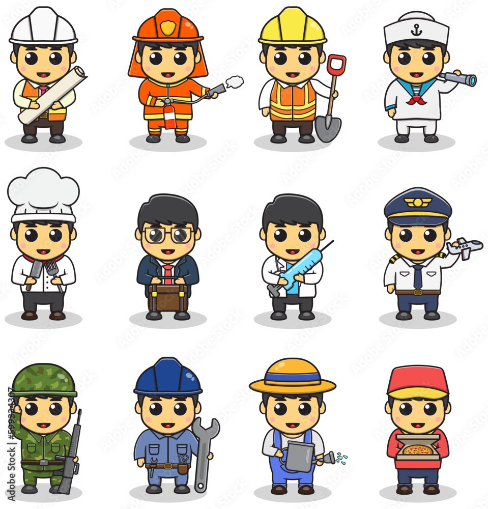 Cartoon kids in professional uniform. Vector set of different professions in children. Vector characters with jobs different occupation. Different jobs professionals. Isolated vector icons set Cartoon kids in professional uniform. Vector set of different professions in children. Vector characters with jobs different occupation. Different jobs professionals. Isolated vector icons set