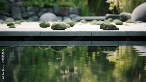 AI Generative. Stillness in Motion: Capturing the Zen Garden's Reflections in The Calm Pond  