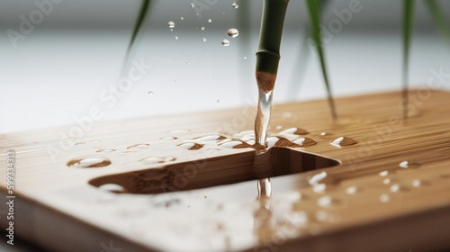 AI Generative. Capturing Serenity: Zen Garden Photography Showcasing the Majestic Lowangle Bamboo Fountain with Midfalling Water Droplets