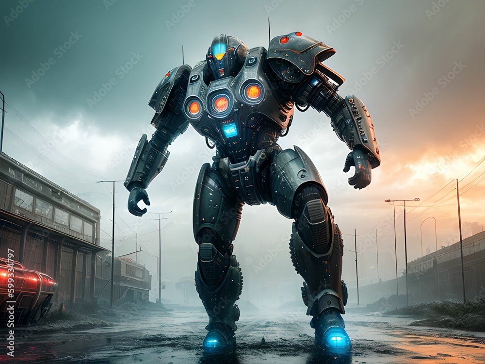 Cyborg Mech Robot Postapocalyptic Futuristic Soldier  - obrazy, fototapety, plakaty 
