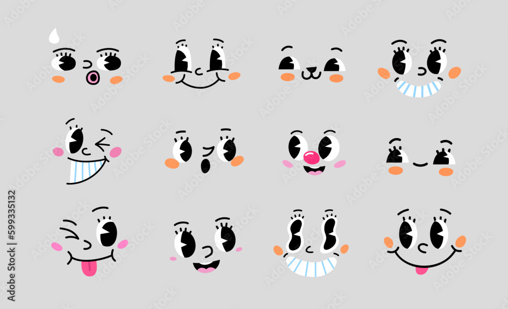 fCollection of smiling faces to attach to your images with characters. Vector face expressions  for creating mascots and trendy characters.