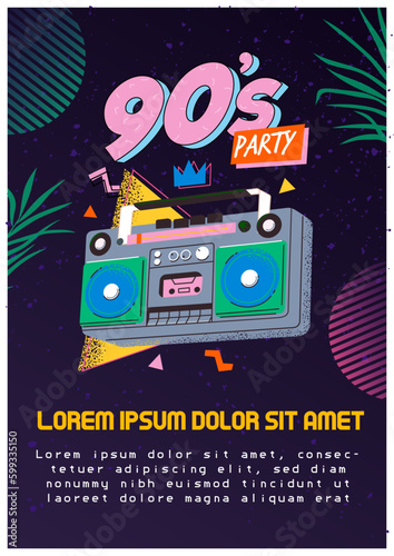 90's retro music party poster, banner or invitation card with retro colored tape radio boombox player on dark background. Nineties party, techno dance show promotion illustration in flat style.