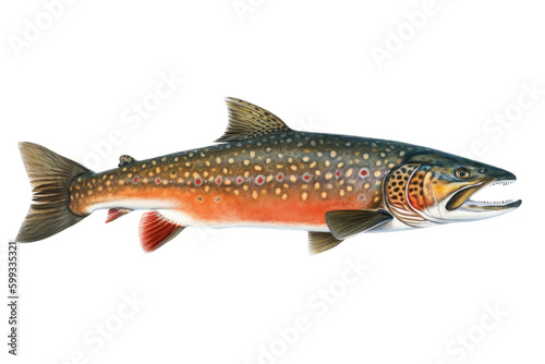 an isolated Brook Trout  river rocks  outdoor sport  fly fishing  lure fishing  fishing-themed  river stones  photorealistic illustration on a transparent background cutout in PNG. generative AI