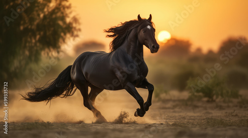 Beautiful stallion horse running in front of the down going sun as a symbol for power strength and maleness. Generative AI.