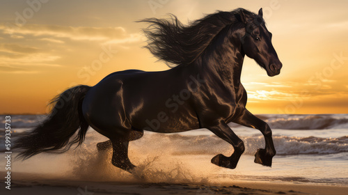 Beautiful stallion running in the light of the evening as a symbol for power and strength. Generative AI.