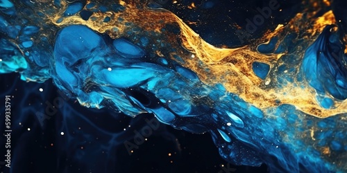 Sparkling fluid. Abstract background. Ink mix. Defocused shiny blue silver golden color glitter particles texture paint wave dark abstract background. © Andrus Ciprian