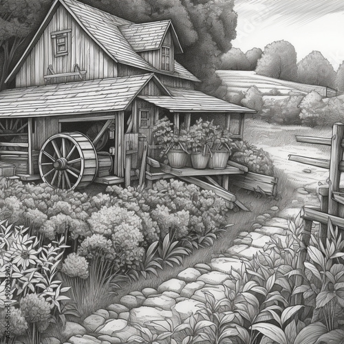 farmhouse in black and white - Generated by Artificial Intelligence