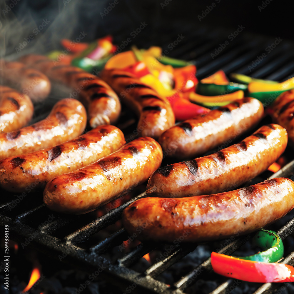 Grilled sausages and vegetables on a flaming BBQ grill. A delicious food poster for summer dining. Generative ai Grilled sausages and vegetables on a flaming BBQ grill. A delicious food poster for summer dining. Generative ai