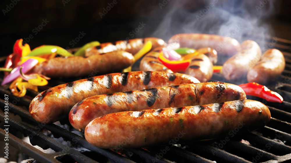 Grilled sausages and vegetables on a flaming BBQ grill. A delicious food poster for summer dining. Generative ai Grilled sausages and vegetables on a flaming BBQ grill. A delicious food poster for summer dining. Generative ai