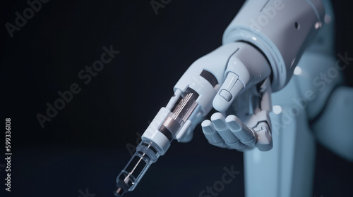 Close up of the hand of a white robot with a syringe at the end of one finger as a symbol for evolution in the medicine sector. Generative AI.