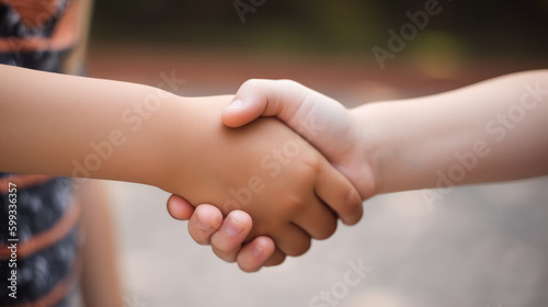Close up of the hands of two children shaking hands. Generative AI.